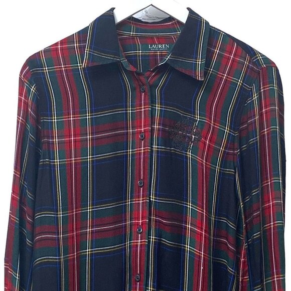 LAUREN RALPH LAUREN Womens Plaid Shirt Medium Petite Button up Crest Blouse Long - Picture 2 of 11